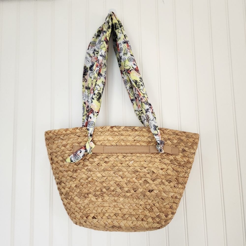 Lucky Brand Tan Woven Tote with Floral Scarf